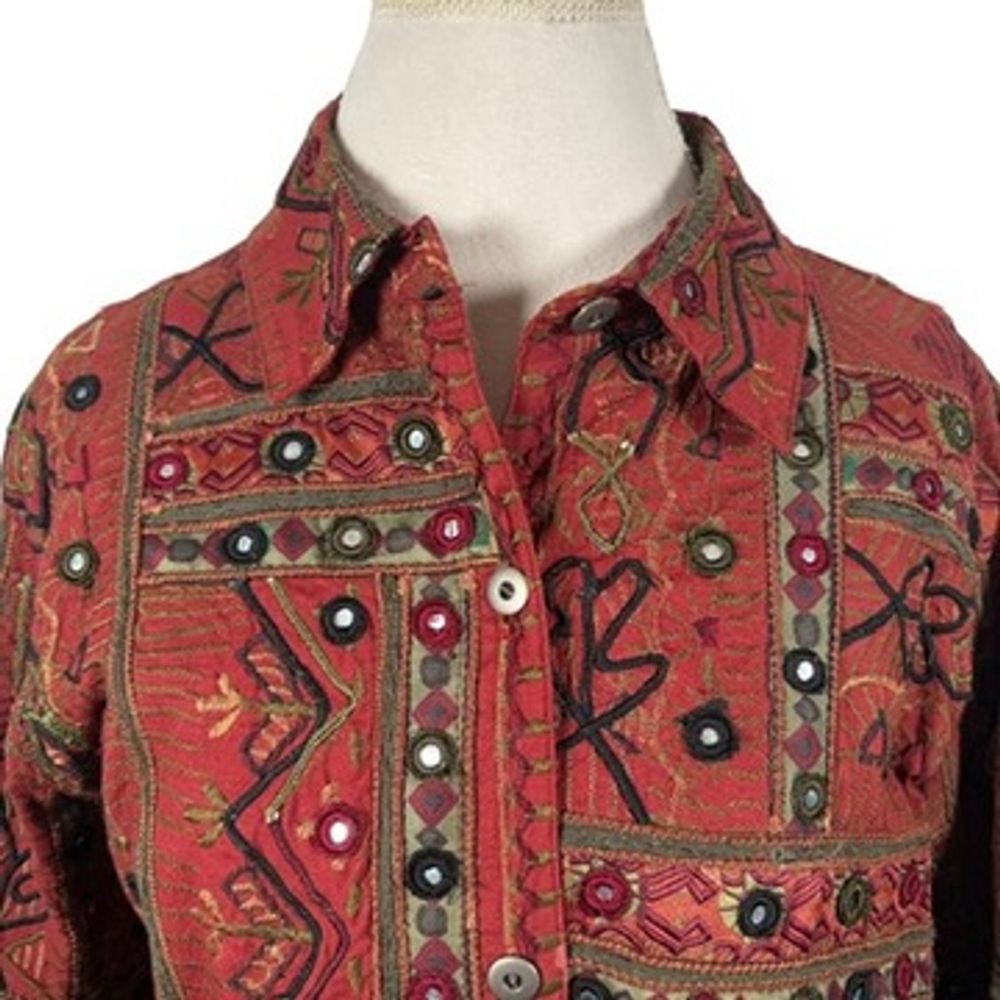 Chicos Rust Red Multi Embroidered Applique Jacket Vintage Boho Size 3 = XL - Picture 3 of 12